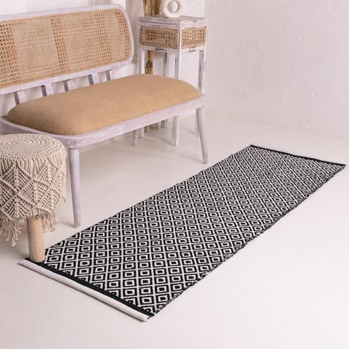 RAJRANG Schwarz Weiß -Läufer Teppich 183 x 61 cm Boho Reversible Baumwoll geometrische gewebte Teppich Küche Eingangshalle Teppich