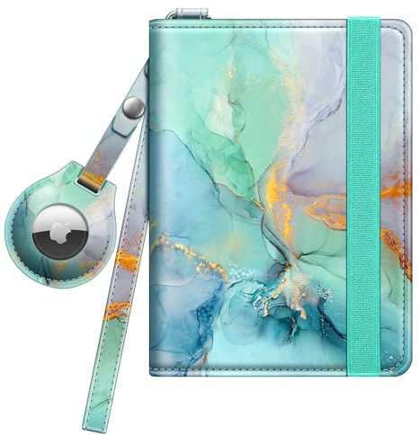 FINTIE Reisepasshülle mit Airtag Halter, Slim Reisepass Hülle RFID-Schutz Schutzhülle Passport Cover für Reisedokumente Impfpass Herren Damen, Smaragd Marmor