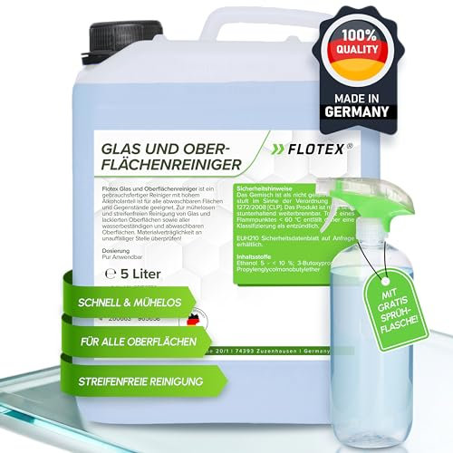 Flotex® Oberflächen- & Glasreiniger 5L für alle abwaschbaren Oberflächen I Gebrauchsfertiger Oberflächenreiniger & Fensterputzmittel mit Sprühflasche I Fensterreiniger für streifenfreie Sicht