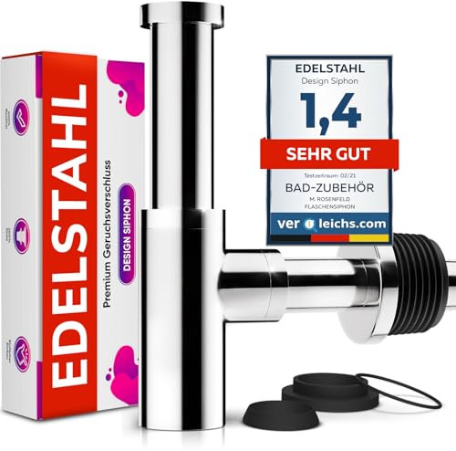 Siphon Waschbecken Edelstahl 60-140mm Höhe, Abflussrohr 330mm Länge, 1 1/4 für Bad & Waschtisch mit Reinigungsöffnung, Dichtungen und Einbauanleitung – M. ROSENFELD HOME