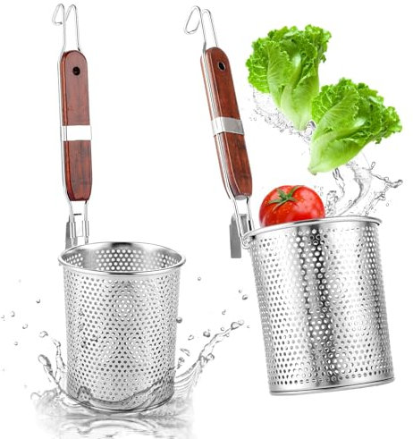 APACALI 2 Stück Nudelkorb Edelstahl, 12 cm Nudelsieb aus mikroperforiertem mit Holzgriff, Pasta-Korb, Gitter Nudelkorb, Nudelsieb, Küche, feines Sieb, für Zuhause