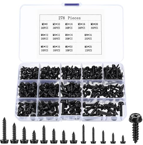 278 Pcs M3 M4 M5 Hex Head Self Tapping Screws, Phillips Hex Flange Washer Head Sheet Metal Sheet to Timber Wood Roofing Screws for Plastic Drywall - Carbon Steel (Black 278)
