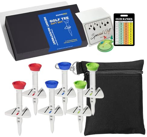Höhenverstellbare Golf-Tees 6er-Pack und schwarzes Golf-Tee-/Ball-Beutel-Set, einzigartiges dreieckiges Richtungsdesign, unzerbrechliches Kunststoff-Golf-Tee mit Swing visueller Führung (3 1/4)