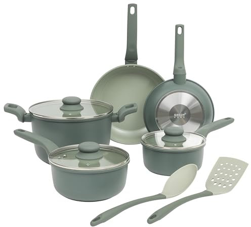 Gibson Home Barnsdall 10 Piece Premium PFA Free Ceramic Nonstick Pots and Pans Aluminum Induction Cookware Set W/Kitchen Tools - Sage Green/Grey Non Stick
