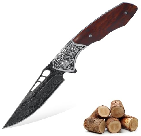 Generico Coltello Piegehevole Damasco con Impugnatura in Palissandro di Tali - Lama VG10, Meccanismo a Blocco, 20.3 cm (8) per, Escursionismo e Sopravvivenza