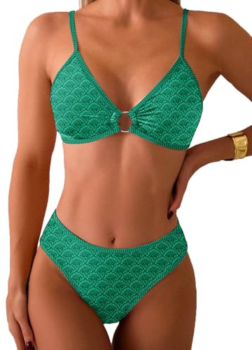 Fanuerg Women's Triangle Bikini Sets O Ring Linked Two Piece Swimsuits Floral Printed Cheeky Bathing Suit Geo Green M