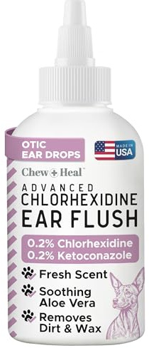 Chew + Heal Labs Dog Ear Cleaner - Medicated Dog Ear Buildup Drops for Dirt and Wax - 4 oz Advanced Flush with Chlorohexidine and Ketoconazole - Made in the USA