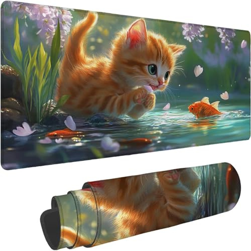Mouse Mat 1000 x 500 x 3mm Large Mouse Mat Non Slip Rubber Base, Soft Textured Surface with Stitched Edges, Waterproof Desk Mat for PC, Laptop, Laser Mice for Office, Animal Cat Printing xn-152