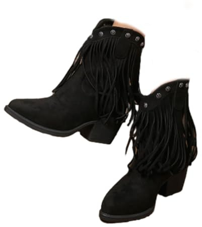 Botas vaqueras con flecos para mujer, puntera puntiaguda, tacón grueso, cómodas, antideslizantes, botas occidentales, Black, 39.5 EU