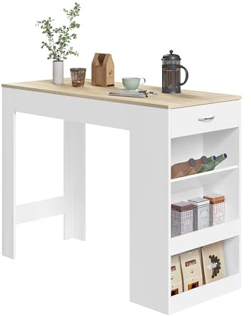 WOLTU Bartisch, Stehtisch mit 1 Schublade & 3 Ablagen, Küchentisch mit Weinregal, Bistrotisch für Bar Küche Wohnzimmer Esszimmer (Mit Brett, Weiß + Helle Eiche, 120 x 50 x 90 cm)