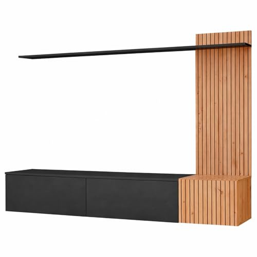 Parete Attrezzata Sospesa Mobile Porta TV 3 Ante Ribalta Push Open Pannello Doghe Verticali Mensola Soggiorno Living Nordico Scandinavo Salvaspazio Design Moderno 180 x 40 x 130 Cm (Nero e rovere)