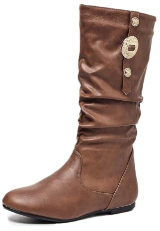 Slouchy rynkade knähöga stövlar för kvinnor platta western cowboy ridstövlar, Pu brun cirkel, 40 EU | med spänne nit rem dekor vardagliga höga vinterstövlar för semester fest shopping gatustil födelsedag