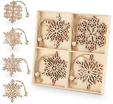 Sweelov 12 Stück Holz-Anhänger Schneeflocken baumschmuck, Weihnachtsbaumschmuck mit Juteseil Weihnachts- Hängeornamente Weihnachtsanhänger Christbaumschmuck 7,5CM für DIY Basteln