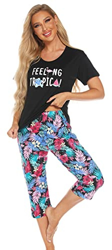 Jecarden Pijama de Dos Piezas para Mujer, Pijama de Verano, camisón de Manga Corta, Ropa de casa, Ropa de Dormir, Parte Superior y Pantalones para Mujer, niño y niña Negro M