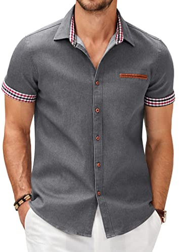 COOFANDY Mens Denim Button Up Shirt Slim Fit Short Sleeve Checked Shirt, Charcoal Grey, X-Large