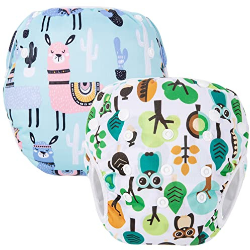 PHOGARY Pannolini da nuoto per bambini (0 – 3 anni), 2 pezzi, costume da bagno riutilizzabile per 3 – 10 kg, gufo + alpaca