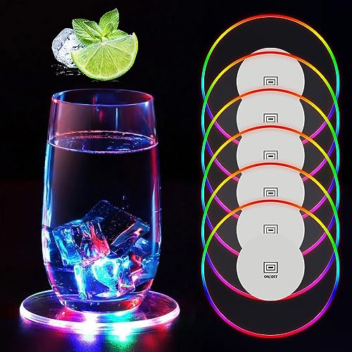 Sottobicchieri luminosi in acrilico: 6 pezzi in acrilico, rotondi, impermeabili, sottobicchieri colorati a LED per bevande, bottiglie di champagne, feste, matrimoni, Natale
