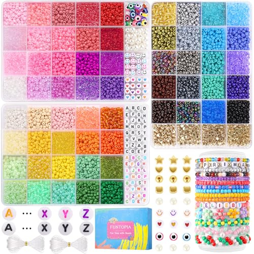Funtopia 4mm 7800 Pcs+ Seed Beads for Jewelry Making, 60 Colors; Craft Kit With Alphabet Letter, Evil Eye, Small Glass Beads for DIY, Art and Craft