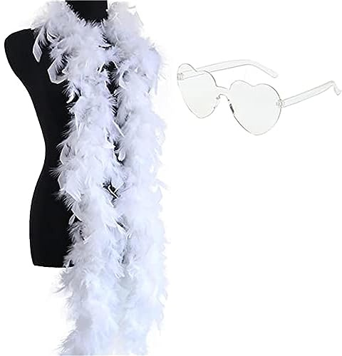 ZOOMPIL Boa de Plumas Blanco y Gafas, Boa de Plumas para Mujer, para Navidad, Halloween, Baile, Boda, Fiesta y Cosplay