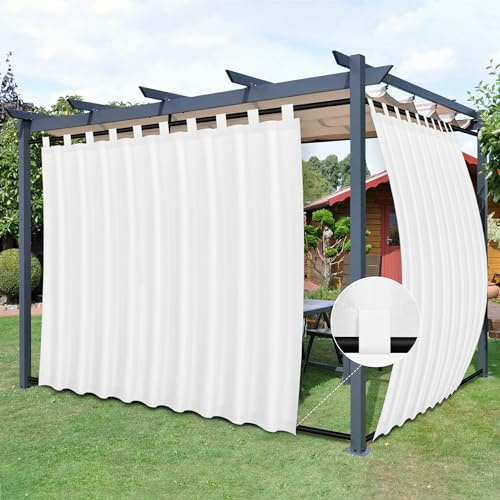Easy-Going Outdoor Patio Curtains Detachable Tab Top Windproof Weatherproof Curtain for Cabana, Porch, Pergola and Gazebo, Tab Bottom Drape, 2 Panels, 110W x 120L inch, White