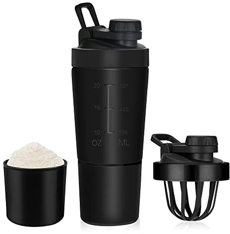 ROCKY&CHAO Shaker proteico in acciaio inox, 700 + 200 ml, con scomparto per polvere, per sport e fitness, albume d'uovo, bottiglia con coperchio a bottone, colore nero