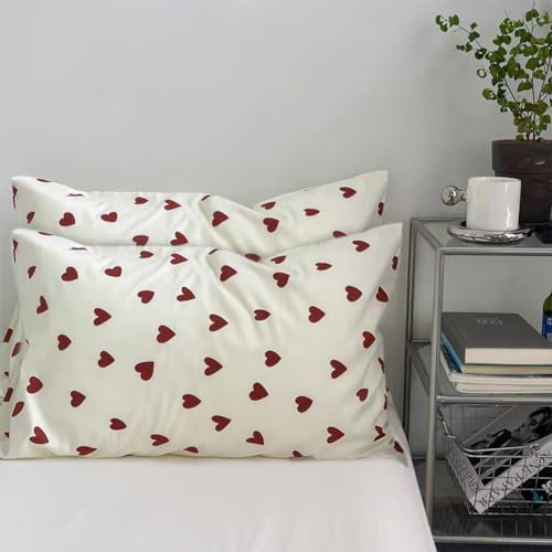 AShanlan 2er Set Kissenbezug Herz 40x80 Rot Herzchen Kopfkissenbezug 40 x 80 Rot Weiß Kissen Bezug 40x80cm Herzmuster Dekorative Kissenhülle Mikrofaser Polsterbezug Pillow Case Pillow Cover