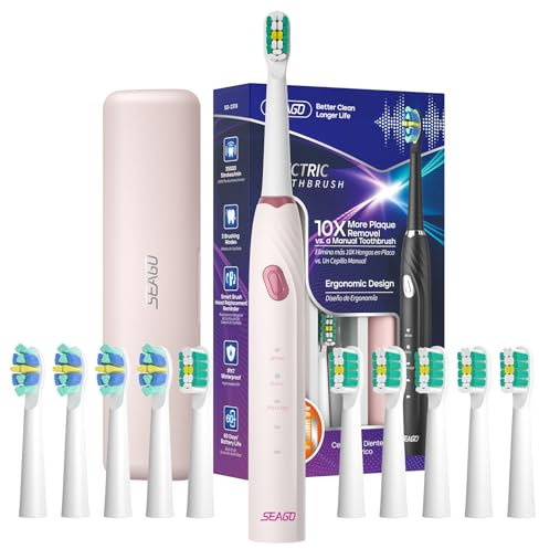 seago brosse à dent électrique sonique, brosse a dent electrique 60 jours d'autonomie avec 10 têtes de brosse et étui de voyage, minuterie 2 min, brosses à dents ultrasoniques, Rosa