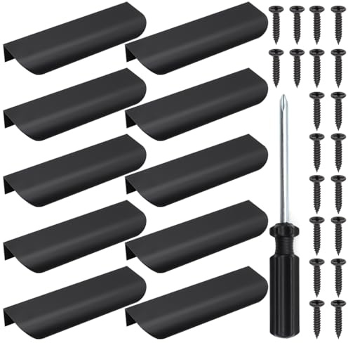 GYSRXS 10 Pièces Poignee de Meuble Invisible 120mm Poignée Tiroir Plate avec 20×Vis et Tournevis Poignee Armoire Noire Convient aux Armoires,Tiroirs(Alliage D'aluminium)