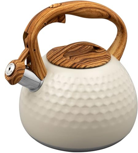 Tea Kettle, 2.7 Quart / 3 Liter Tea Kettles Stovetop, Food Grade Stainless Steel Teakettle with Wood Pattern Handle, Whistling Tea Kettle for Stove Top for Coffee, Tea, Milk (Milk White)