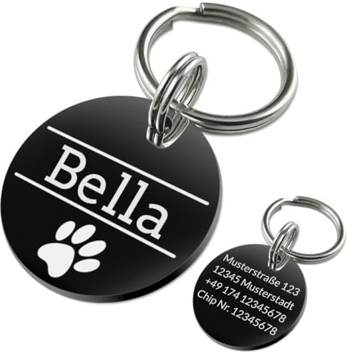 SanJuve Edelstahl Hundemarke schwarz mit Gravur - ⌀25mm oder 30mm - Personalisiert mit Name, Motiv und Text - Runder Anhänger für Halsband als Tiermarke für Hunde und Katzen