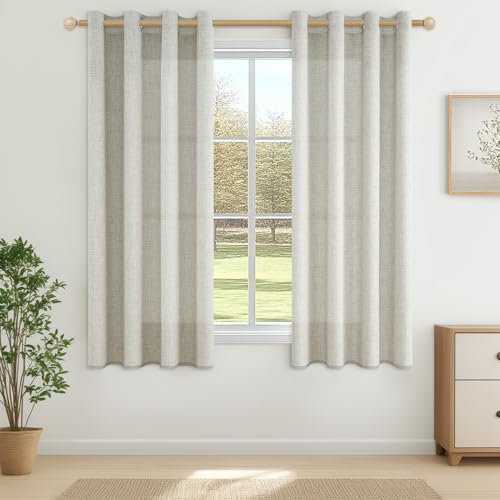 CUTEWIND Cortinas Lino Natural Rusticas Cortas Dormitorio 2 Piezas 140x160 CM, Cortina Corta Visillo Translucida con Ojales para Ventana Salon Comedor Habitacion Cocina
