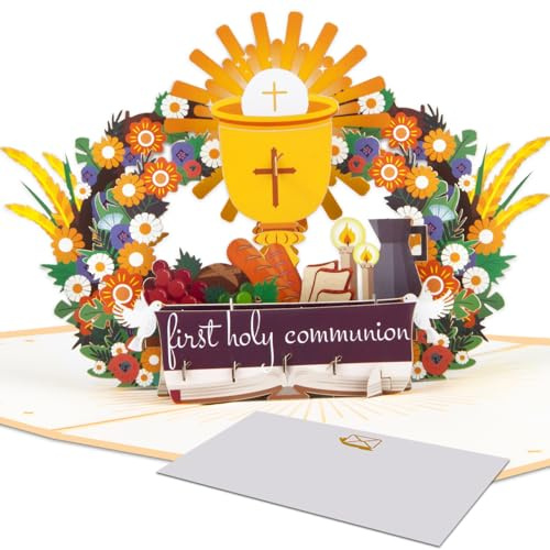 Magic Ants First Holy Communion 3D Pop-Up Card - Religious Communion Card for Boys and Girls, Golden Chalice with Doves, Cross, and Wheat - Congratulatory Christian Gift for Catholic Children