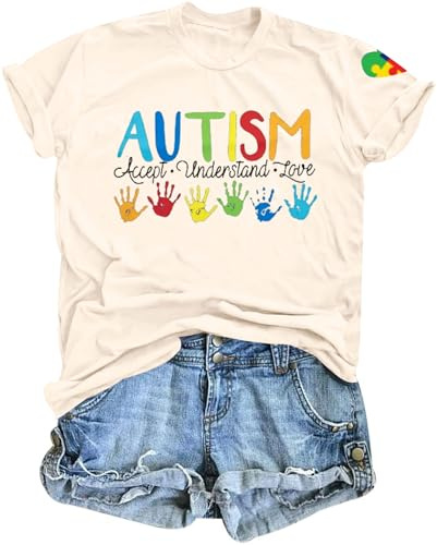 Autism Awareness Shirt Women Autistic Support Tshirt Speech Therapy Inspirational Short Sleve Tee Tops Apricot