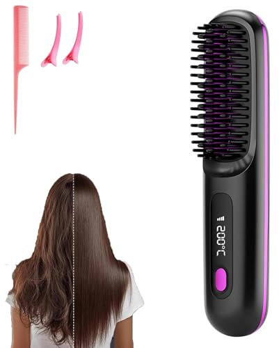 Go Brush Pro - Portable Mini Cordless Electric Hair Straightener Brush for Women Travel with LCD Temperature Display, 2000mAh Fast Heating Wireless Ceramic Straightening Comb (Black)