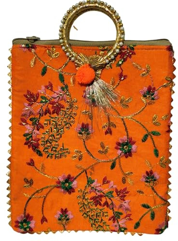 EliteKoopers Indian Thread Work Embroidery Women Handbag/Purse/Clutch/Tote Bag for Haldi Mehendi Wedding Favours, Gifting, Christmas (Orange)
