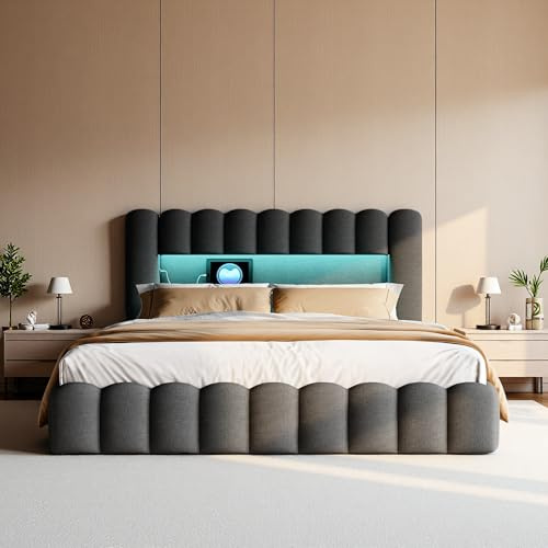 SUNFECILI Polsterbett Bubble Bett 160x200cm,Doppelbett mit Ladefunktion und Beleuchtung,Funktionsbett mit Stauraum und Rückenlehne,Jugendbett mit Lattenrost,Grau Leinen,Ohne Matratze