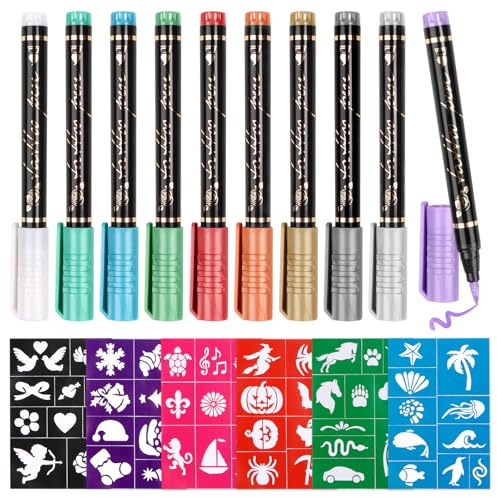 Yooyan 16 stycken glittertatueringsset barn, glittertatuering för huden, tatoopenna med 6 stenciler och 10 färger tillfälliga pennor, klistermärken gåva för pojkar flickor halloween party karneval