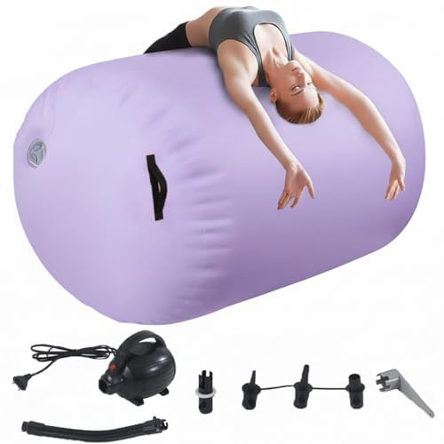 LSBIKE Inflatable Air Roller 60/75/90cm Air Barrel Gymnastics Mat Back Handspring Mat with Electric Air Pump for Home Use Training/Yoga/Water Gymnastics Tumbling Mat w/Purple/Pink/Blue
