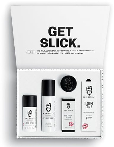 Slick Gorilla Frisörset för män, 5-delat presentset | Innehåller 20 g volymgivande pulver, Lightwork 70 g, stylingkräm 100 ml, havssaltspray 200 ml och kam för texturering