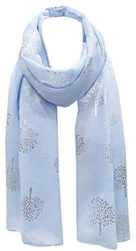 World of Shawls Silver Foil Mulberry Tree Print Fashion Scarf (Baby Blue)