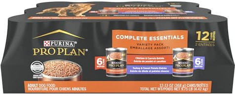 Purina Pro Plan Wet Dog Food Grain Free Complete Essentials Variety Pack, Chicken and Carrots and Turkey and Sweet Potato Entrees - (Pack of 12) 13 oz. Cans