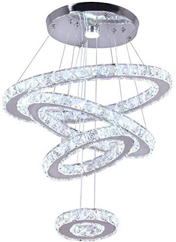 Dixun - Moderno lampadario a sospensione a LED in cristallo, con quattro anelli, luce bianca fredda (60 W, bianco freddo)