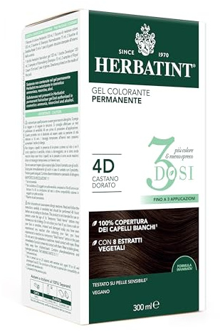 Herbatint Permanentes Farbgel 3 Dosen, 300 ml - 4D Goldbraun, ohne Ammoniak, für empfindliche Haut, 100% Abdeckung für weißes Haar, mit 8 natürlichen Bio-Extrakten
