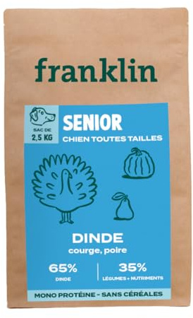 Franklin – Croquettes pour Chien Senior – avec 65% Dinde – sans céréales – Mono-protéine – Taille 13mm– 2,5 kg
