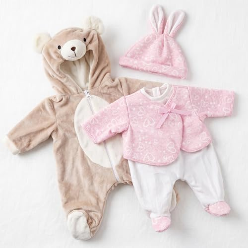 BiBi Doll Baby Doll & Reborn Clothes Set, 20 (50cm) - Pack of 2 Animal Outfits Including Brown Bear Jumpsuit & Pink Bunny Set - Role Play Toys & Accessories for Girls & Boys, 18 Months+