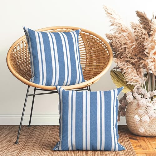 Encasa Homes Cushion Covers 2 pcs Set (60 x 60 cm) - Franca Blue Stripes - Decorative Large Square Colourful Washable Eco - Cotton, Throw Pillow Cases for Living Room, Sofa, Bedroom, Home & Hotel
