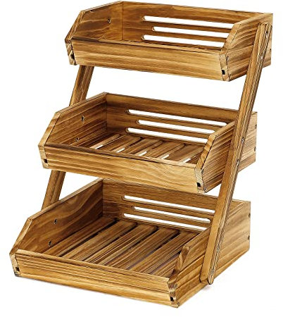 Calm Cozy Support de Corbeille à Fruits en Bois à 3 étages, Support à Panier de Fruits Rangement en Bois pour Les légumes pour Plan de Travail de Cuisine pour Fruits, Légumes, Pain, collations
