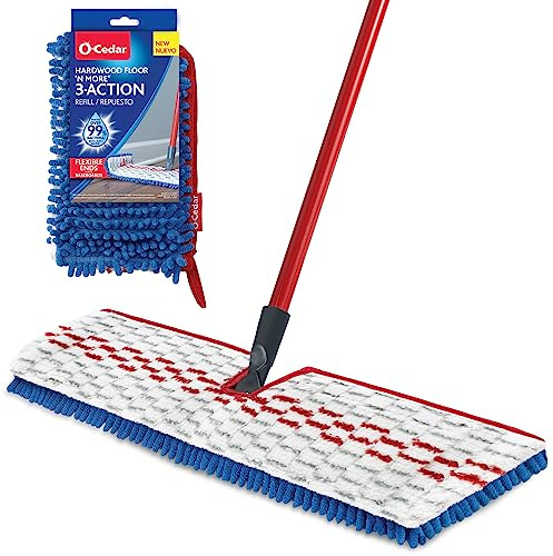 O-Cedar Hardwood Floor 'N More 3-Action Mop with 1 Extra Refill | Microfiber Mop with 3pc Handle | Use Wet or Dry, Red