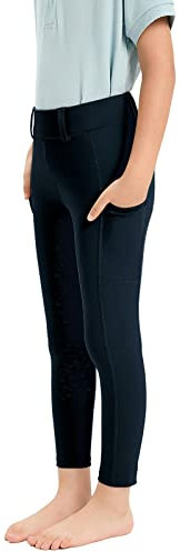 Reitleggings Mädchen mit Silikon Vollbesatz, Elastische Reithose Kinder Mädchen mit Gürtelschlaufen Seitliche Tasche Marine Blau S