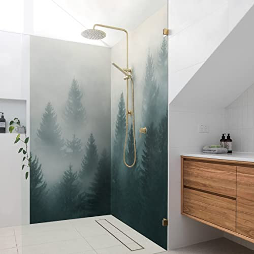 Bilderwelten Eck-Duschrückwand Folie 2x 200x80 cm Nadelwald im Nebel Bad-Rückwand Motiv fugenlose Wandverkleidung Dusche